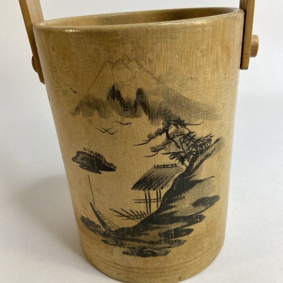 Tiki Bamboo Glasses & Ice Bucket Hand Painted Korean War Souvenir 50's Set of 7 - Picture 15 of 16